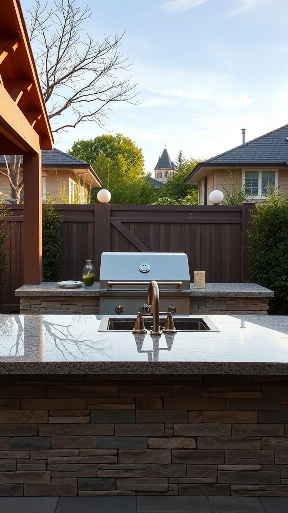An outdoor kitchen grill island with a sleek grill and a stone countertop