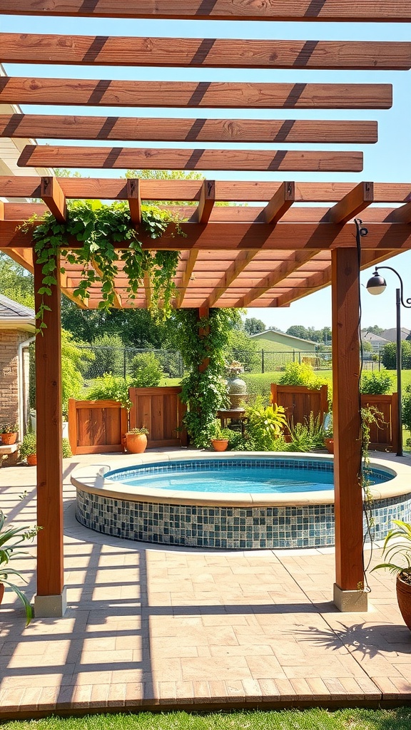 A wooden pergola over a pool deck with greenery and a circular pool.