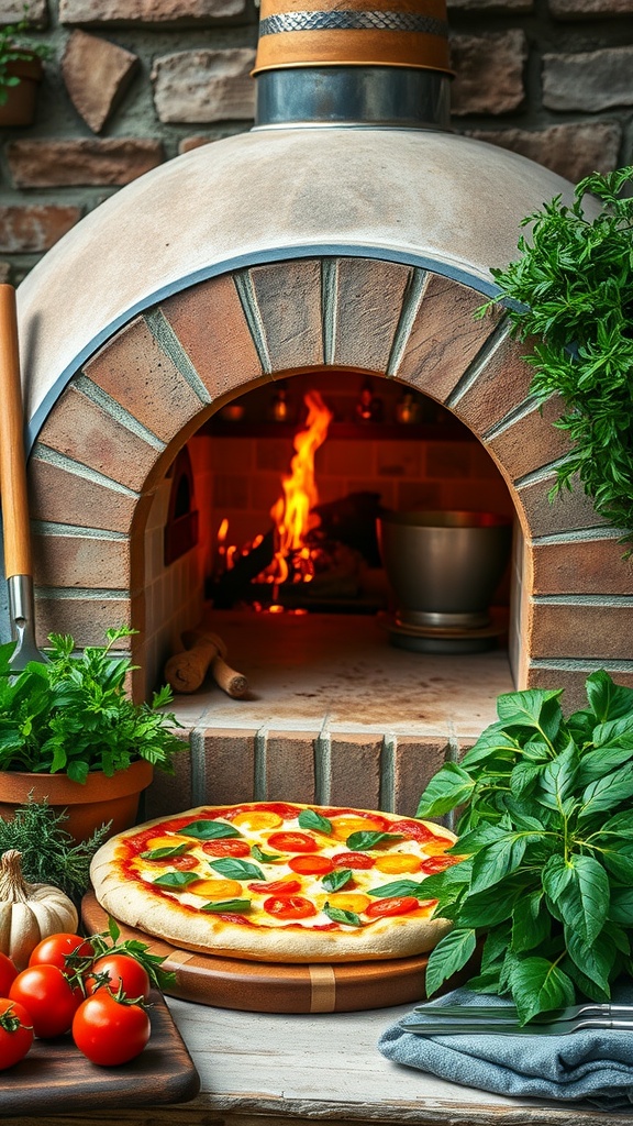 A pizza oven in an outdoor kitchen with a freshly made pizza topped with tomatoes and basil.