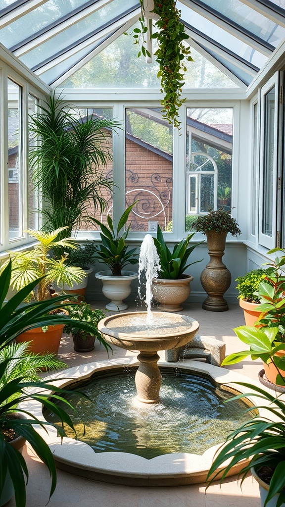A cozy sunroom featuring a small fountain surrounded by various potted plants.