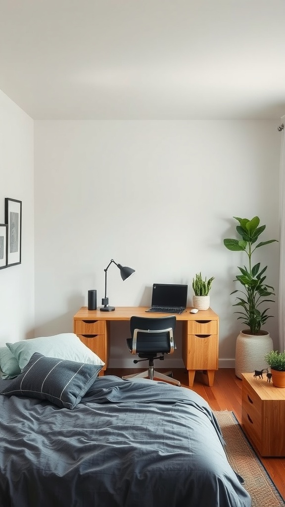 A small bedroom with a desk and computer, showcasing a workspace in a cozy setting.