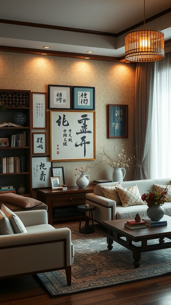 A cozy Korean living room featuring art and calligraphy on the walls, warm lighting, and elegant furnishings.