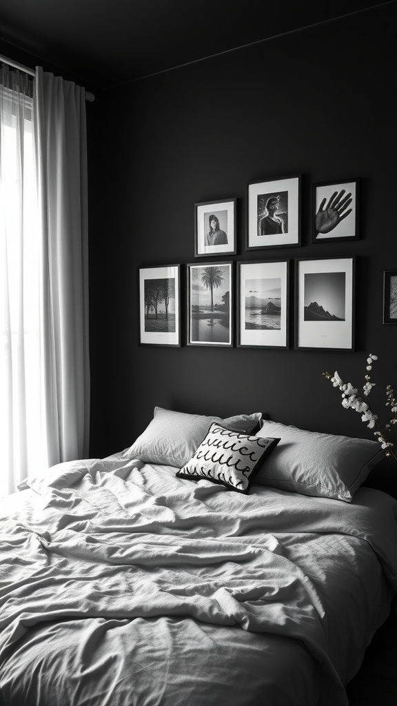 A cozy bedroom with black walls, a neatly made bed, and a gallery of black and white photographs on the wall.