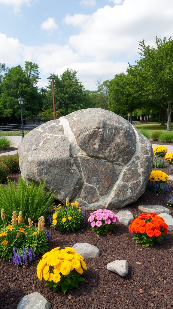 A large boulder surrounded by colorful flowers in a landscaped garden.
