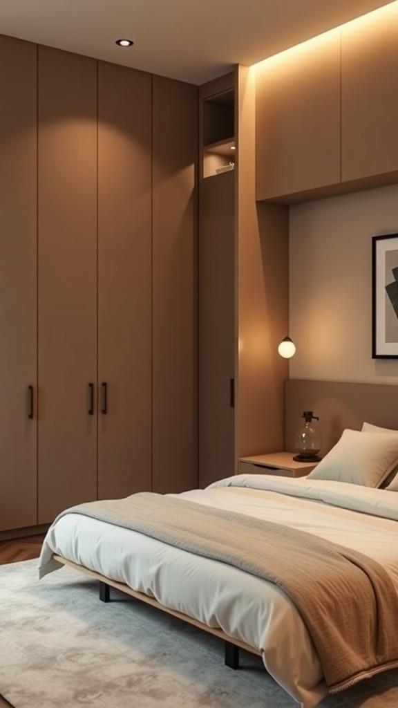 A minimal bedroom with built-in storage solutions, featuring sleek cabinetry and a cozy bed.