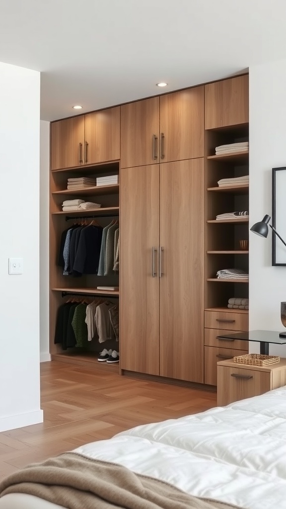 A modern built-in wardrobe in a stylish bedroom, featuring wooden finishes and various storage options.