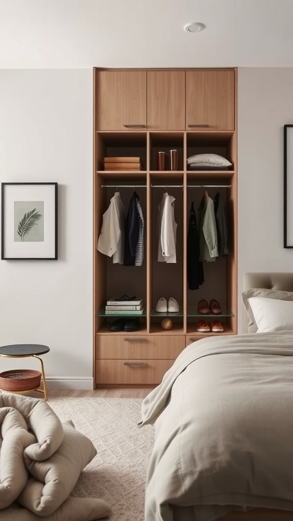 A narrow bedroom featuring a built-in wardrobe with an organized layout.