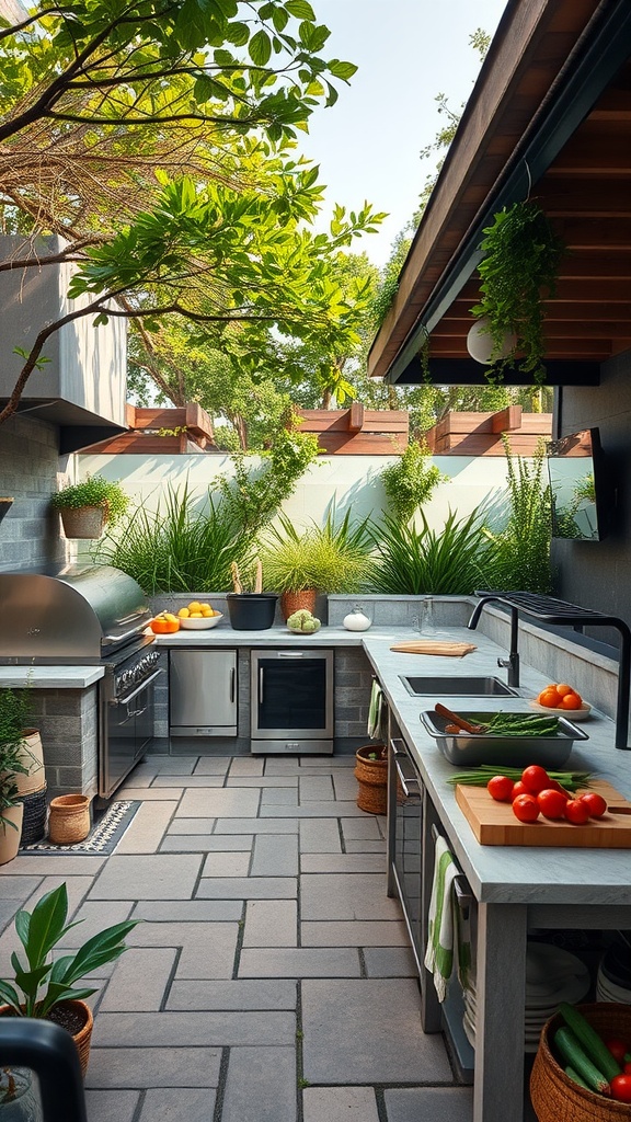 An outdoor kitchen on a deck featuring a modern grill, counter space with fresh vegetables, and surrounding greenery.