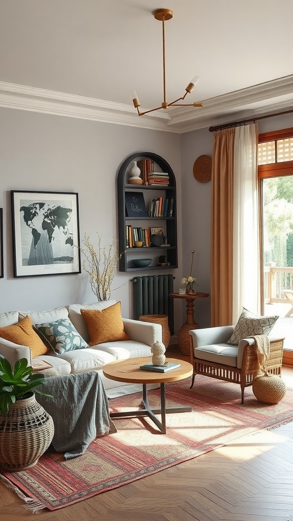 Aesthetic living room featuring a world map, woven baskets, and cultural artifacts