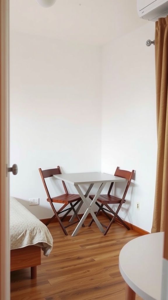 A small bedroom corner featuring a folding table and two chairs