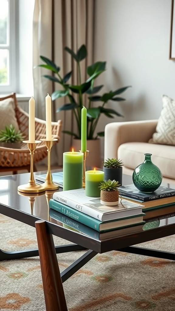 A cozy living room coffee table with green candles, plants, and books