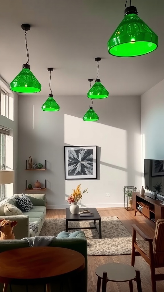A living room with green pendant lights hanging from the ceiling, showcasing a cozy and vibrant atmosphere.