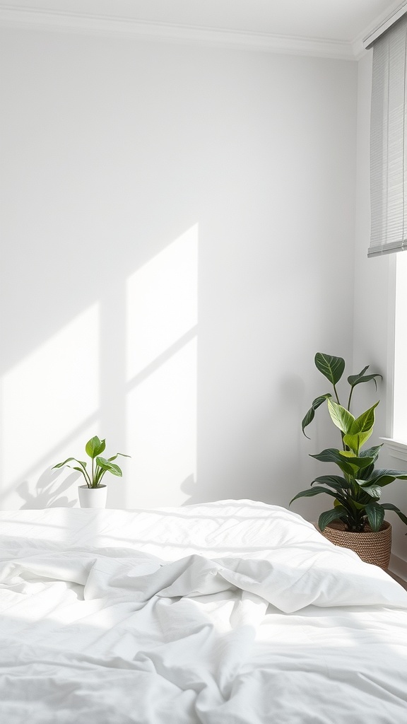 A minimal bedroom with white bedding and two green plants near a window.