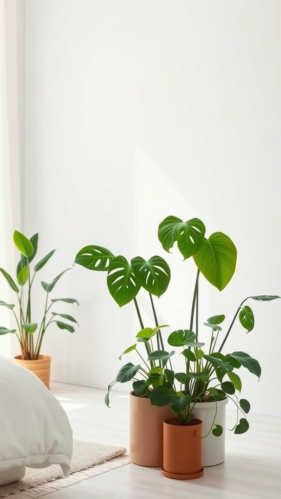 A minimal white bedroom with plants in colorful pots beside the bed
