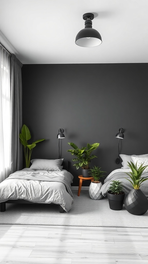 A stylish grey and black bedroom featuring various plants, creating a fresh and inviting atmosphere.