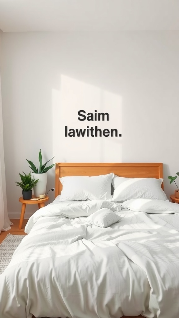 A minimal bedroom featuring a wooden bed, white bedding, and a plant beside the bed.