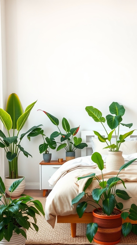 A bright bedroom with white walls and beige bedding, featuring various indoor plants around the bed.