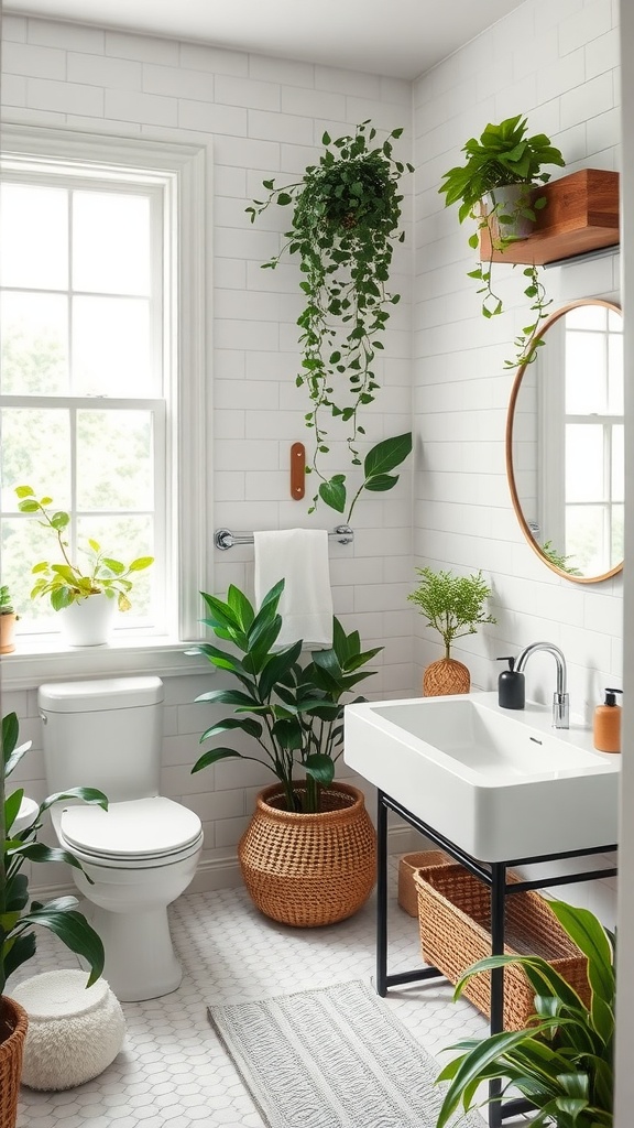 Modern farmhouse bathroom with greenery, featuring hanging plants and potted plants in woven baskets.