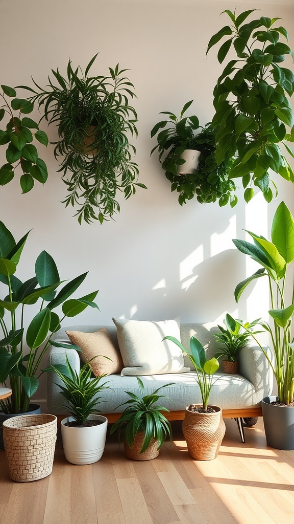 A cozy living room featuring a sofa surrounded by various potted plants and hanging greenery.