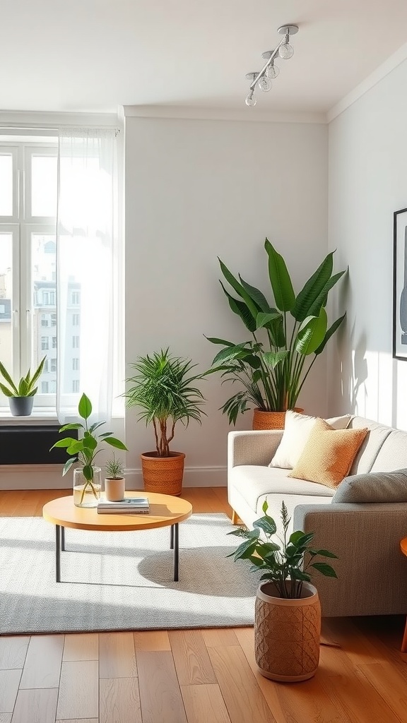 A minimalist living room featuring various plants, a sofa, and a coffee table with sunlight streaming in through a window.