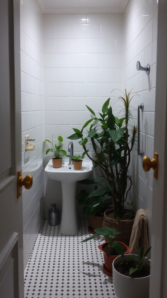 A small, modern bathroom with white tiles and various potted plants beside a sink.