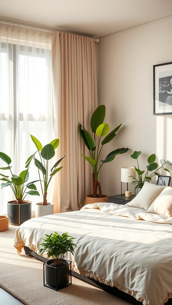 A beige and black bedroom featuring various indoor plants, soft lighting, and natural textures.
