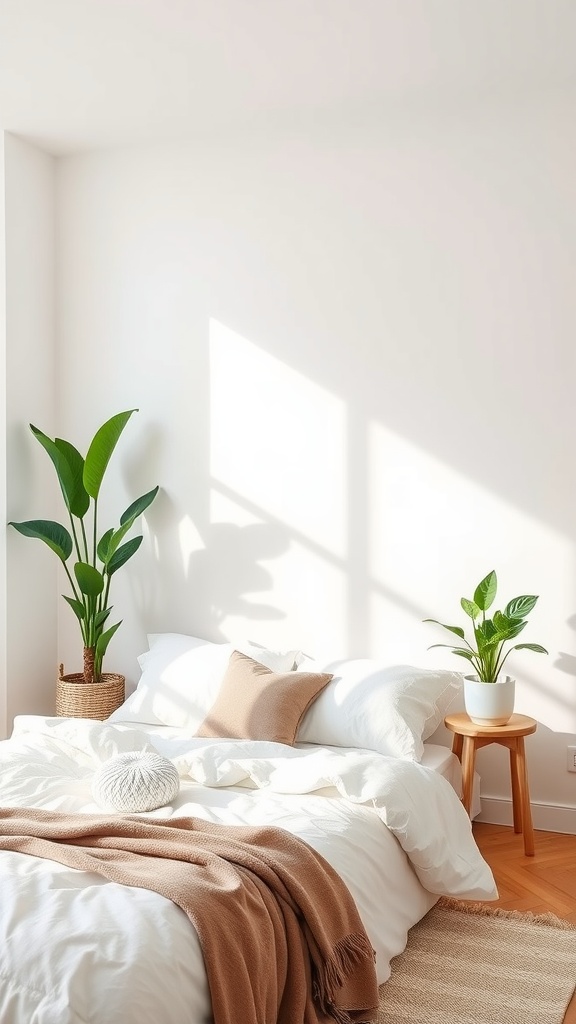 A minimalist bedroom featuring a cozy bed, wooden nightstand, and potted plants for a fresh look.