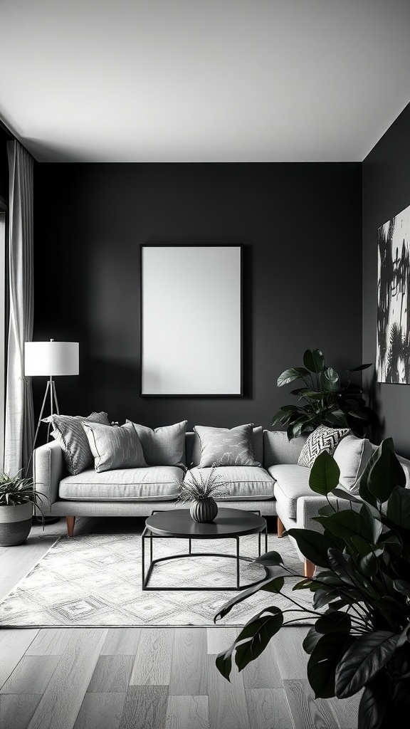 A modern black and white living room with plants and cozy furniture.