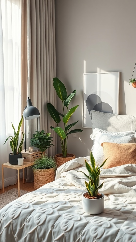 A cozy grey and beige bedroom with various plants, including a tall leafy green, small potted plants, and a warm lamp.