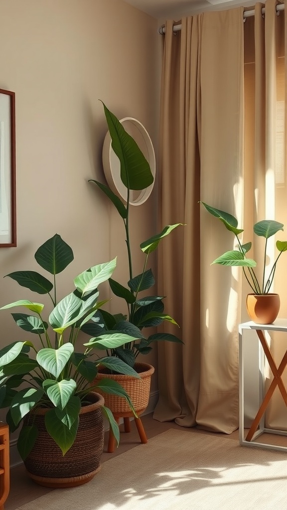 A cozy bedroom with beige walls and green houseplants, featuring light curtains and a wooden side table.