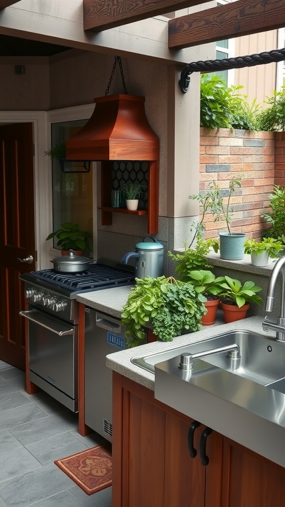 A cozy outdoor kitchen with a stove, sink, and pots of herbs on display.