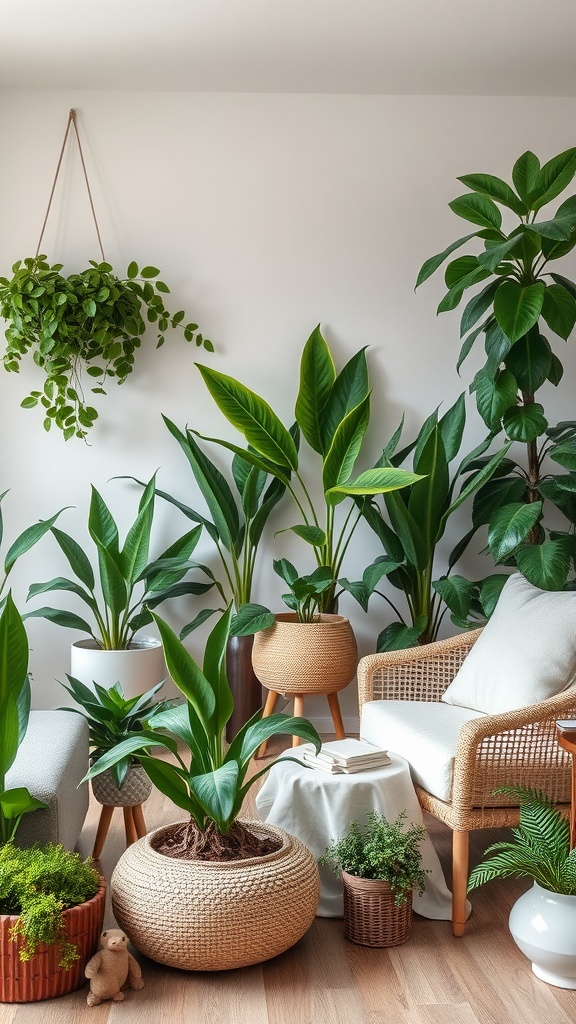 A cozy living room filled with various indoor plants, showcasing a warm and inviting atmosphere.