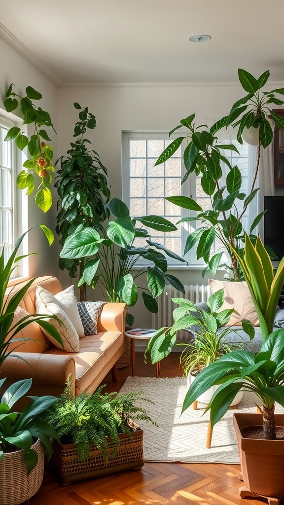 A cozy living room filled with various indoor plants, featuring a comfortable couch and natural light.