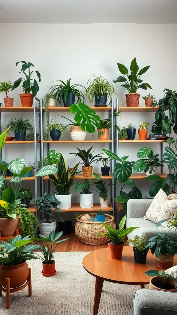 A vibrant living room filled with various indoor plants on shelves and around the space, showcasing a green aesthetic.