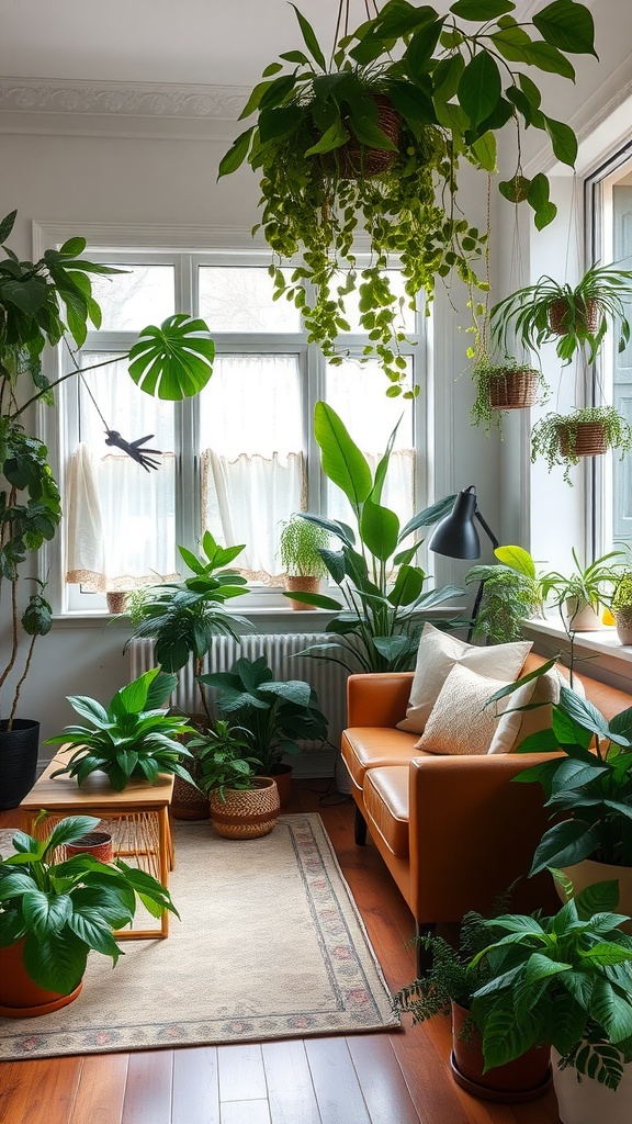 A cozy living room filled with various indoor plants, featuring a brown sofa and a warm, inviting atmosphere.