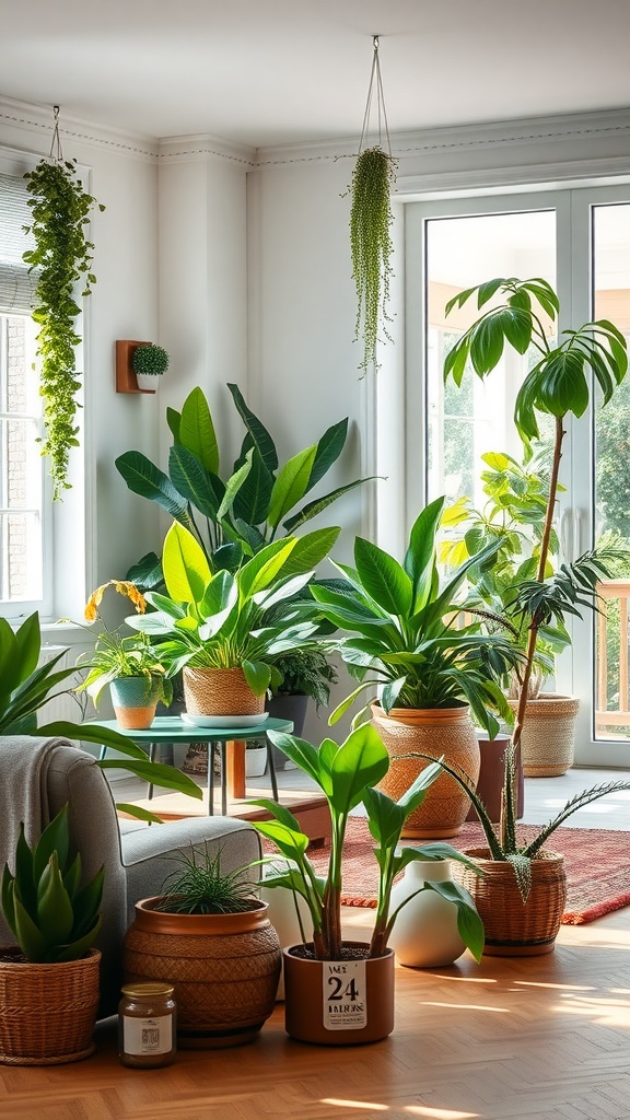 A bright living room filled with various indoor plants, including hanging plants and potted plants, creating a lively atmosphere.