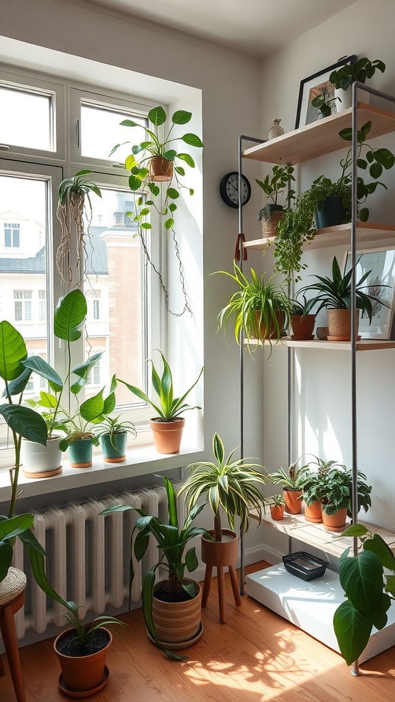 A cozy studio apartment filled with various indoor plants near a bright window