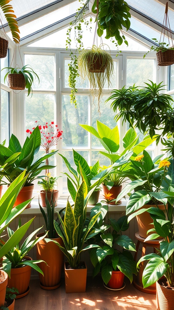 A cozy sunroom filled with various indoor plants in terracotta pots, illuminated by sunlight.