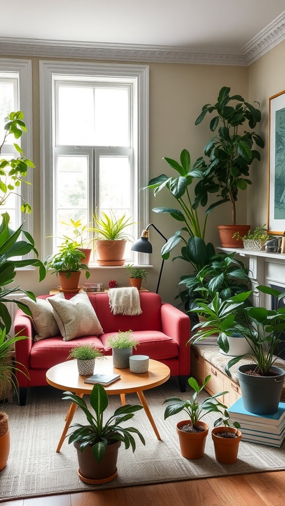 A cozy English living room featuring a red couch, a wooden coffee table, and various indoor plants arranged around the room.