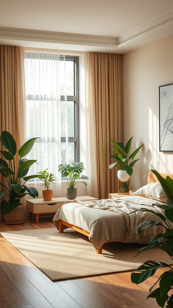 A beige and brown bedroom with indoor plants creating a fresh atmosphere.