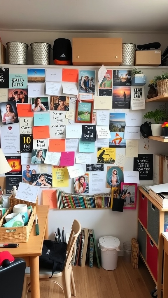 A hobby room with a vibrant inspiration board filled with notes, quotes, and photos.