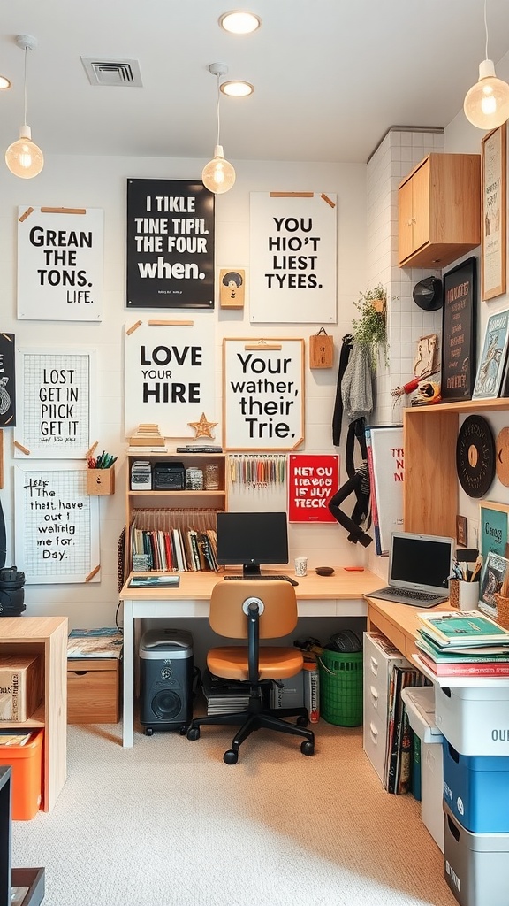 A hobby room with inspirational quotes on the wall and a cozy desk area.