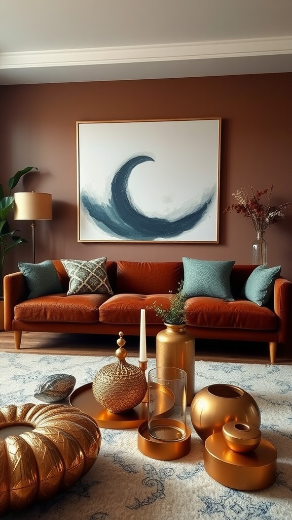 A cozy brown living room featuring a rust-colored sofa, metallic decor, and a blue wave painting.