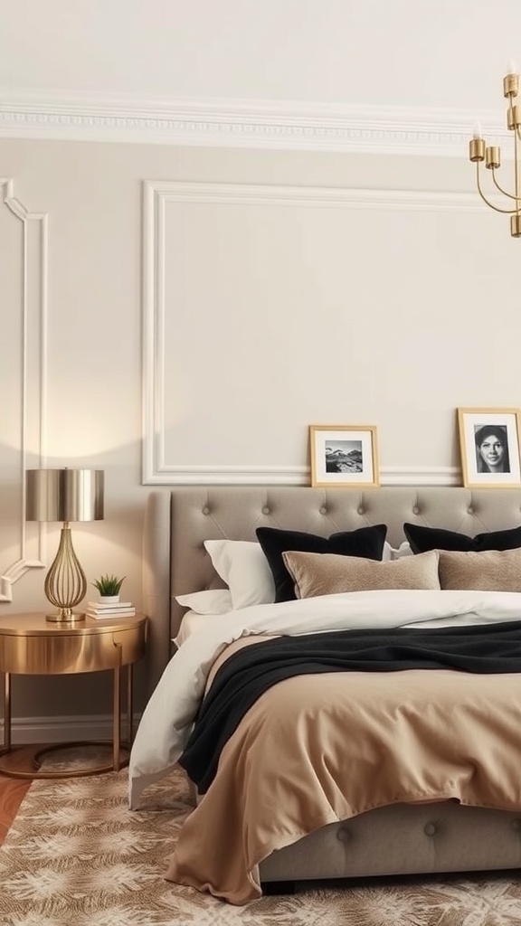 A beige and black bedroom featuring metallic accents with a bedside table and chandelier.