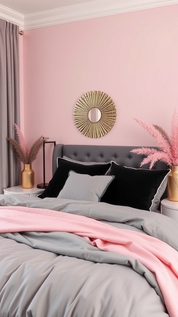 A stylish bedroom featuring a grey bed with black and pink pillows, a gold mirror, and decorative vases.