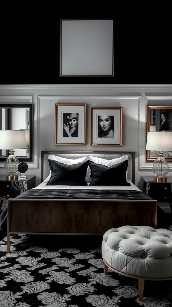 A cozy black and white bedroom with metallic accents, featuring framed black-and-white photos, stylish lamps, and elegant furniture.
