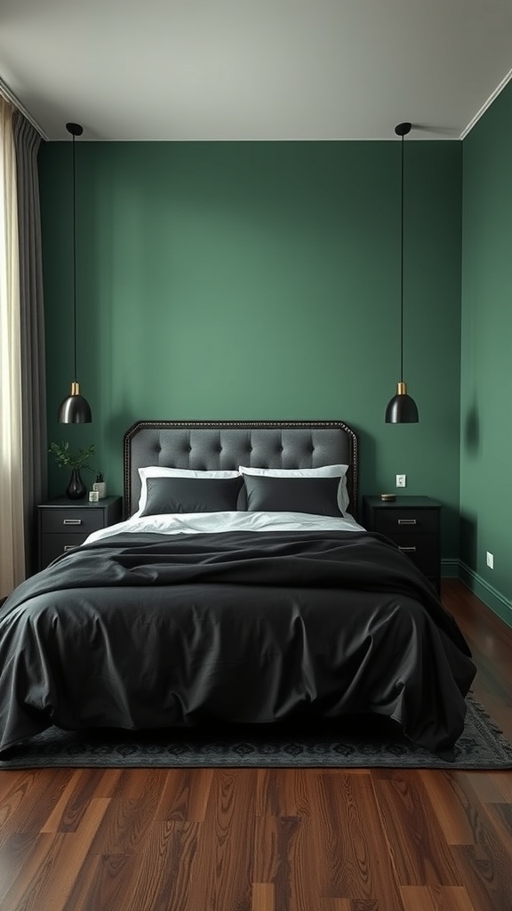 A stylish black and green bedroom featuring a green wall, black bedding, and pendant lights with metallic accents.