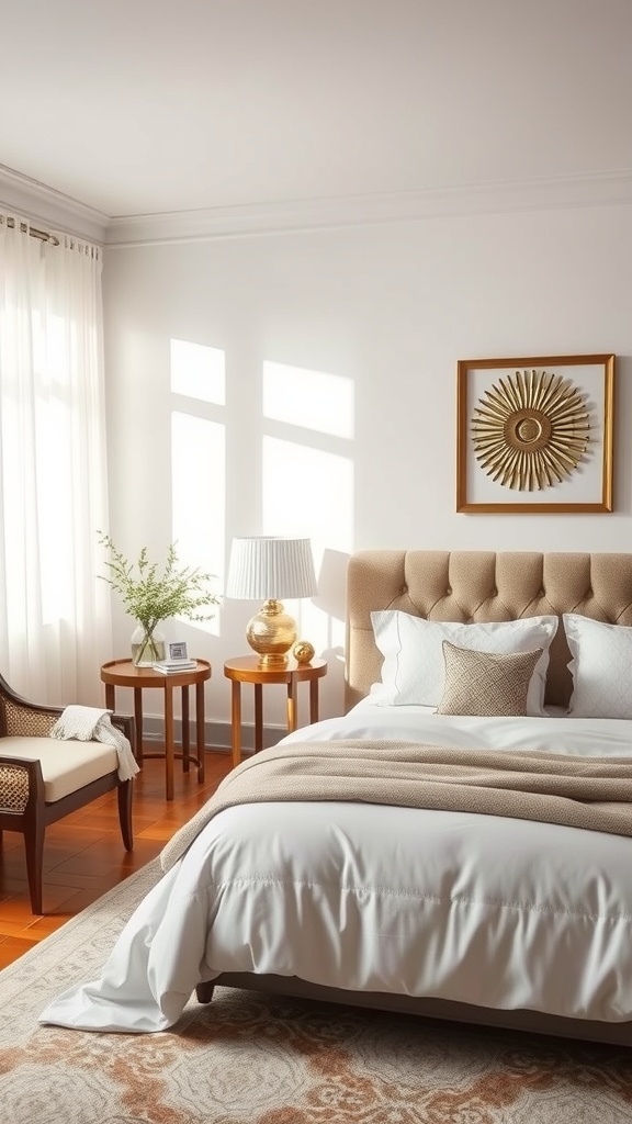 A classy bedroom featuring metallic accents with a golden lamp and sunburst mirror.