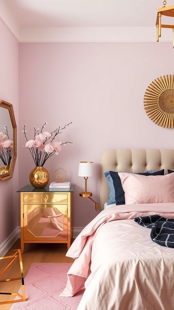 A stylish pink and black bedroom featuring gold metallic elements.