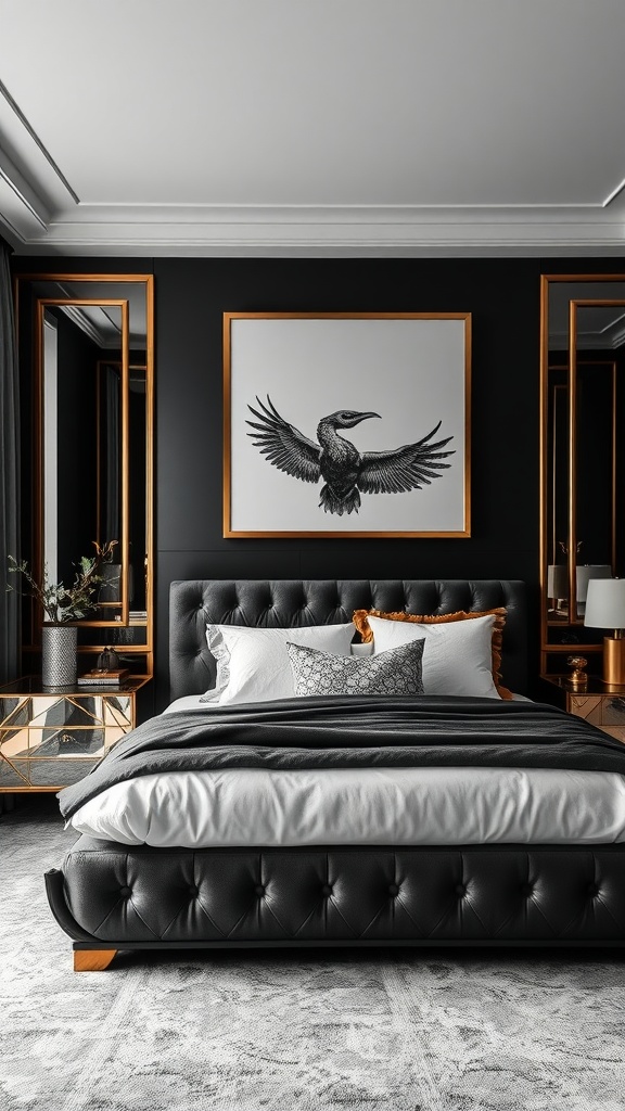 A stylish black, white, and grey bedroom featuring a black tufted bed, gold accents, and a striking bird artwork.